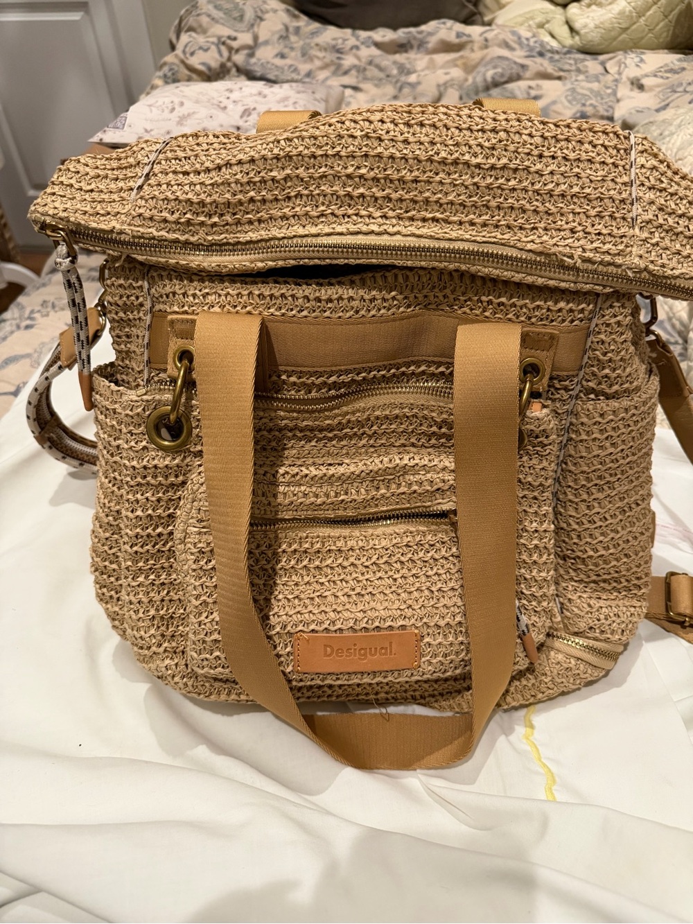Desigual Tan Woven Convertible Backpack/shoulder Bag with detachable crossbody